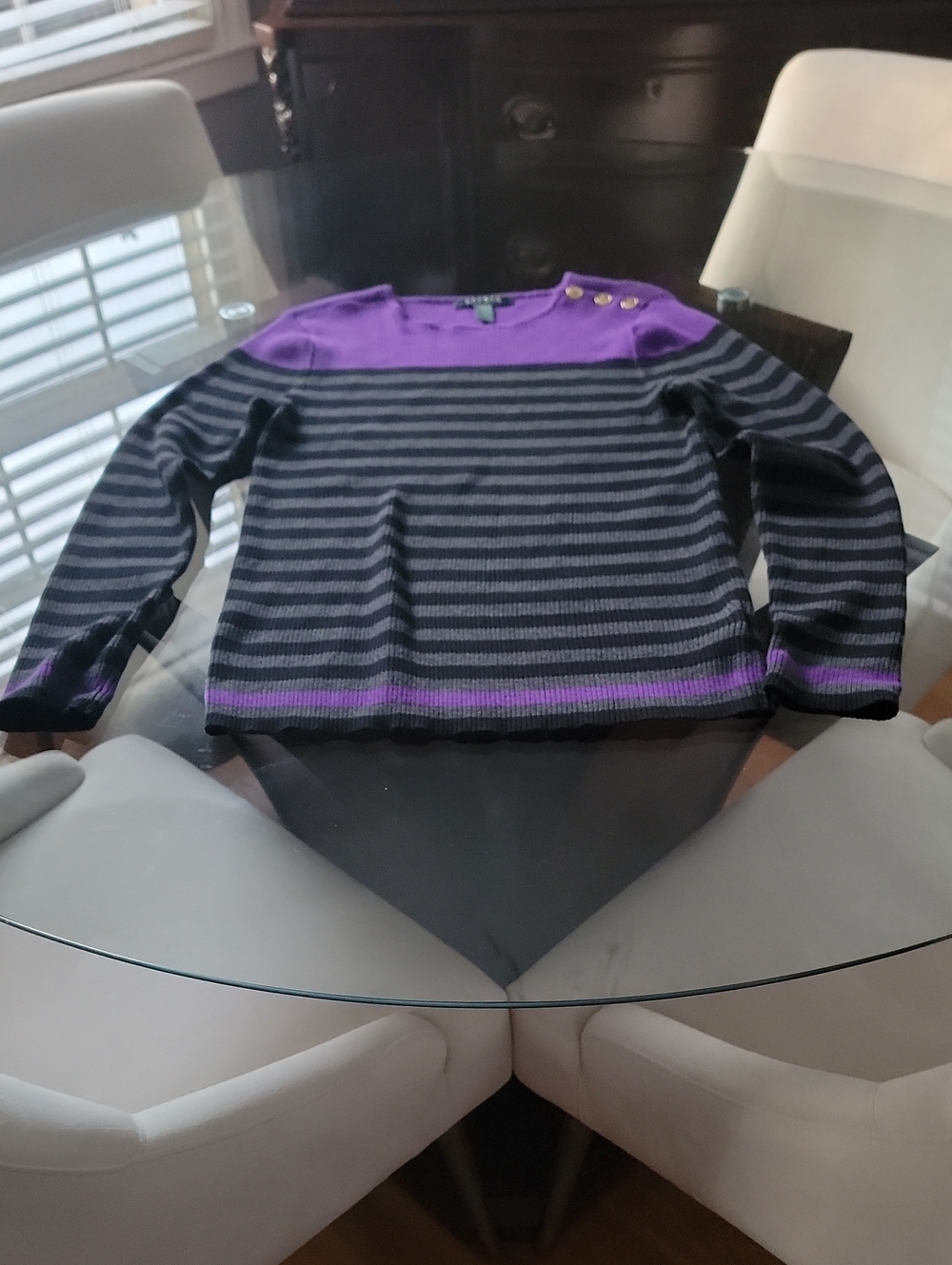 Ralph Lauren Preppy Black and Purple Striped Crewneck Sweater with Gold Buttons